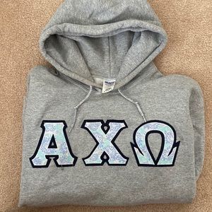 Alpha Chi Omega letters hoodie, size M, Gildan Heavy Blend